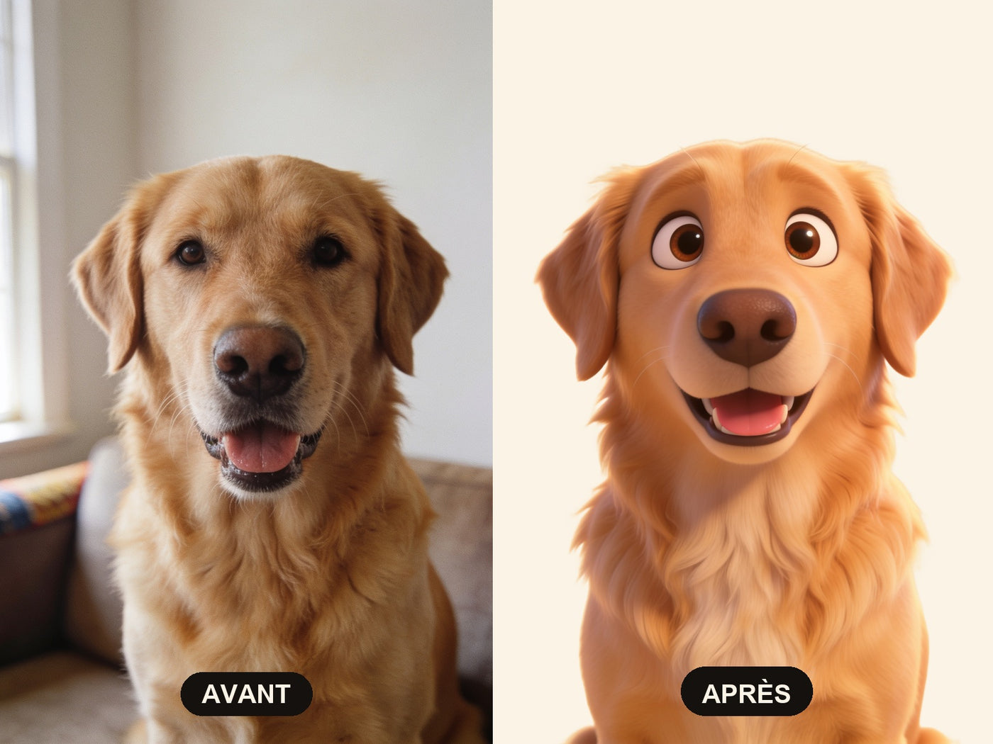 À gauche la photo d'un golden retriever prise au téléphone, à droite son portrait dans le style de l'atelier